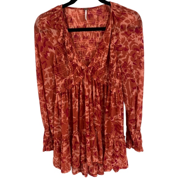 Free People Tunic Top Blouse Top Size Small Orange Print V-Neck Long Sleeves - Picture 1 of 7